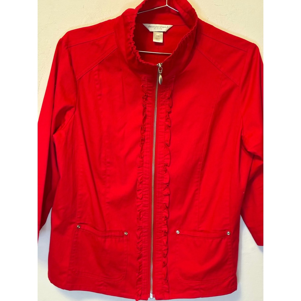 Christopher & Banks Petite Red Ruffle Zip Front Jacket Vintage Cottagecore PM